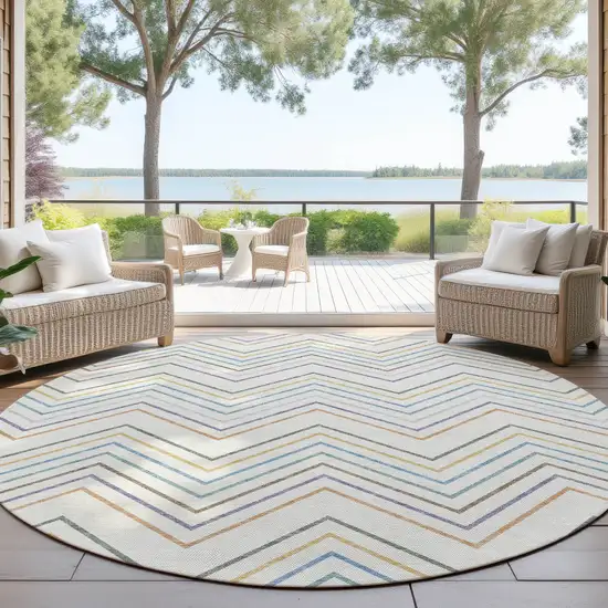 8' Pacific Blue Ivory And Copper Round Striped Washable Indoor Outdoor Area Rug Photo 4