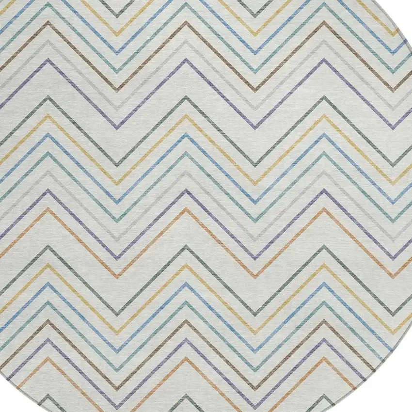 8' Pacific Blue Ivory And Copper Round Striped Washable Indoor Outdoor Area Rug Photo 2