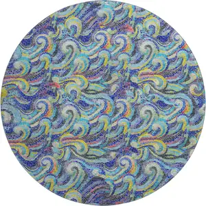 Photo of 8' Pacific Blue Ivory And Yellow Geometric Washable Round Rug With UV Protection