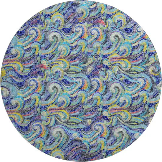 8' Pacific Blue Ivory And Yellow Geometric Washable Round Rug With UV Protection Photo 1