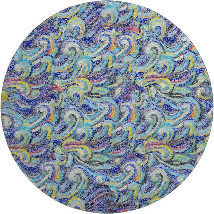 8' Pacific Blue Ivory And Yellow Geometric Washable Round Rug With UV Protection Photo 1