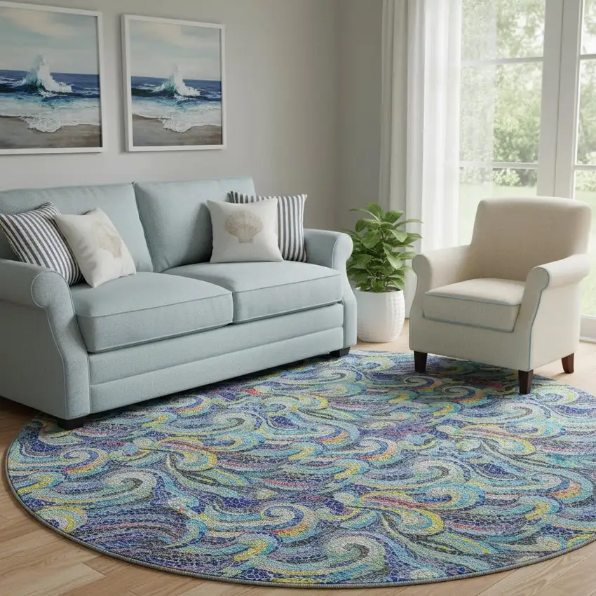 8' Pacific Blue Ivory And Yellow Geometric Washable Round Rug With UV Protection Photo 1