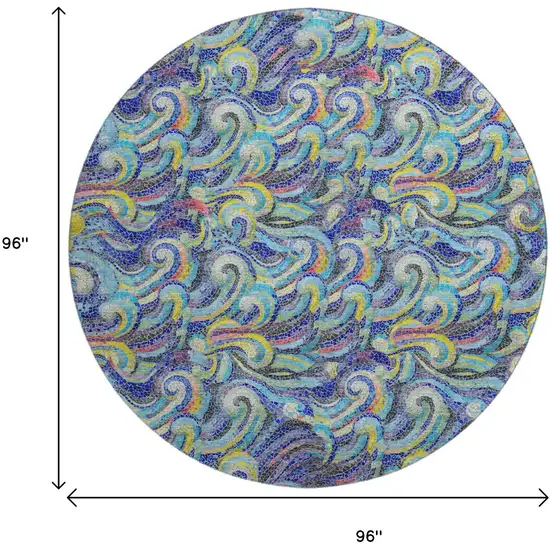 8' Pacific Blue Ivory And Yellow Geometric Washable Round Rug With UV Protection Photo 3