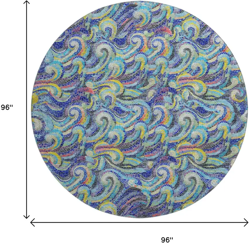 8' Pacific Blue Ivory And Yellow Geometric Washable Round Rug With UV Protection Photo 3