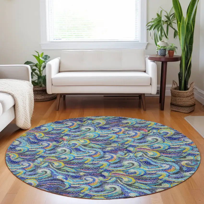 8' Pacific Blue Ivory And Yellow Geometric Washable Round Rug With UV Protection Photo 5