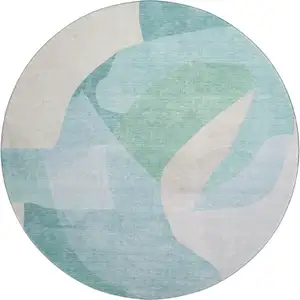 Photo of 8' Pale Aqua And Beige Abstract Washable Round Rug With UV Protection