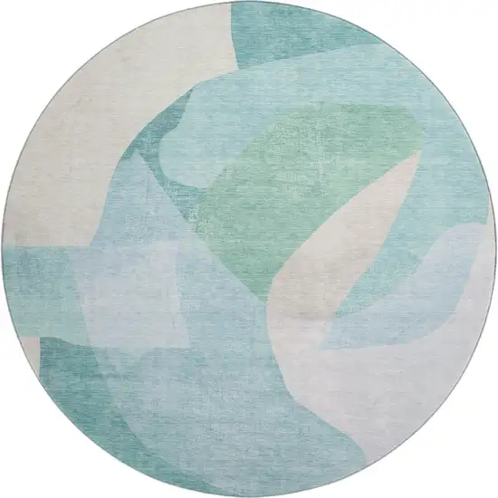 8' Pale Aqua And Beige Abstract Washable Round Rug With UV Protection Photo 1