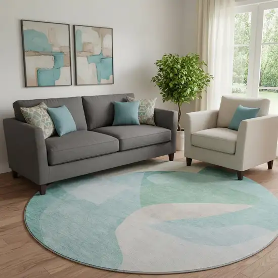 8' Pale Aqua And Beige Abstract Washable Round Rug With UV Protection Photo 2