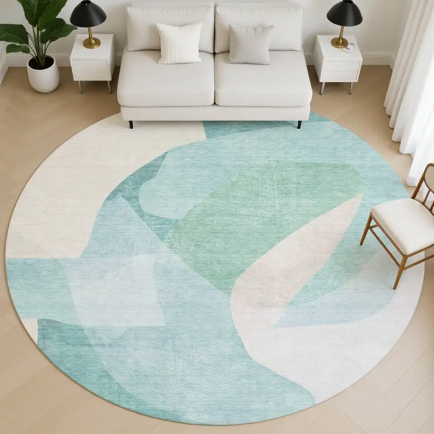 8' Pale Aqua And Beige Abstract Washable Round Rug With UV Protection Photo 5