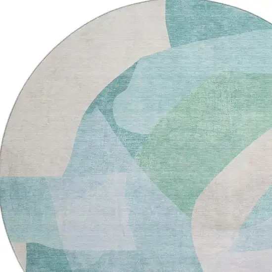 8' Pale Aqua And Beige Abstract Washable Round Rug With UV Protection Photo 3