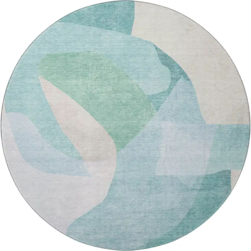 8' Pale Aqua And Beige Abstract Washable Round Rug With UV Protection Photo 4