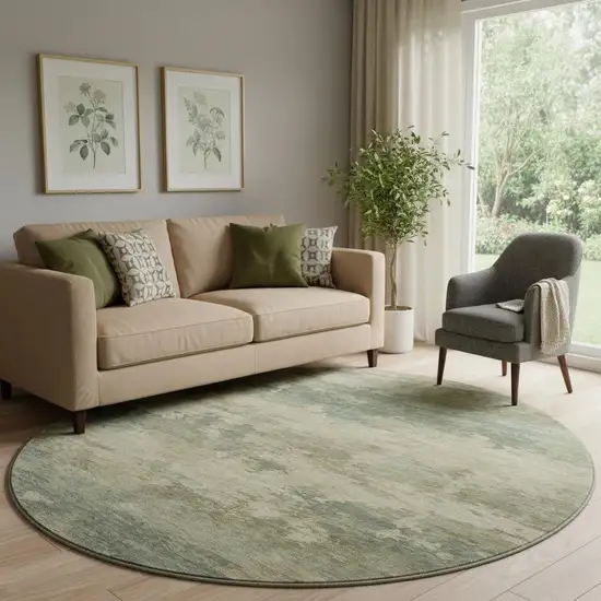 8' Pale Aqua And Beige Abstract Washable Round Rug With UV Protection Photo 2