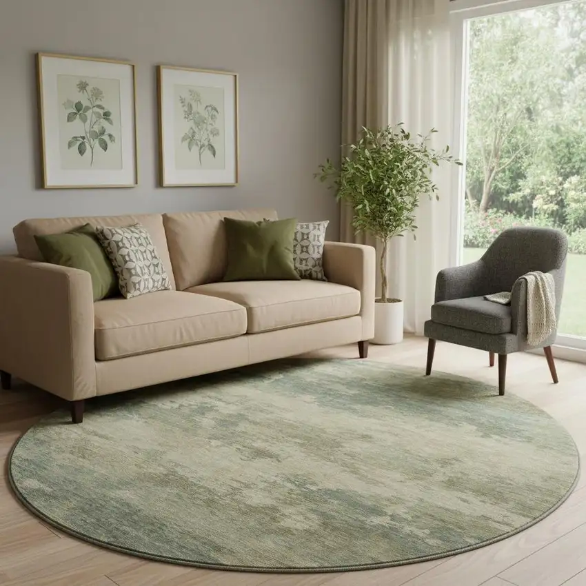 8' Pale Aqua And Beige Abstract Washable Round Rug With UV Protection Photo 2