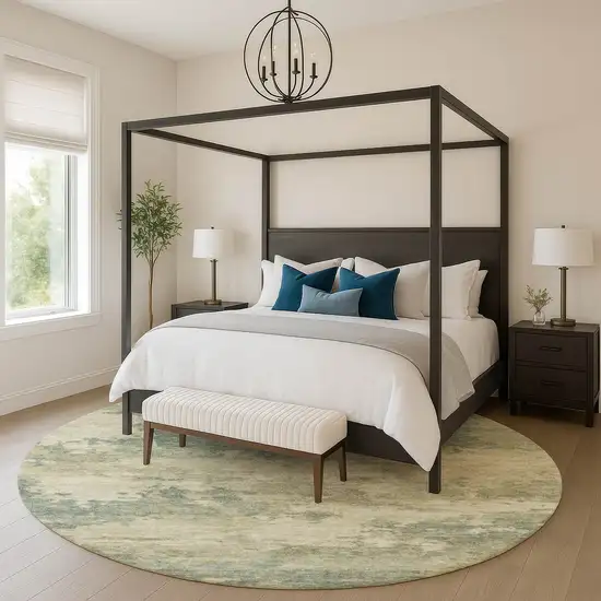 8' Pale Aqua And Beige Abstract Washable Round Rug With UV Protection Photo 5