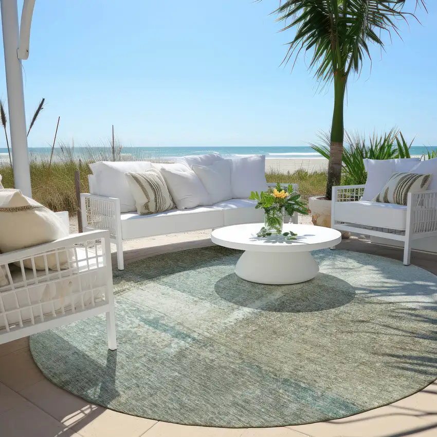 8' Pale Aqua And Beige Round Abstract Washable Indoor Outdoor Area Rug Photo 5