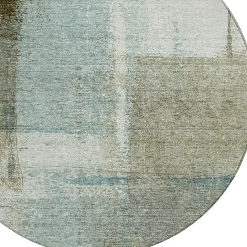 8' Pale Aqua And Beige Round Abstract Washable Indoor Outdoor Area Rug Photo 8