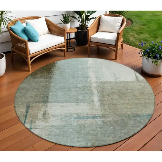 8' Pale Aqua And Beige Round Abstract Washable Indoor Outdoor Area Rug Photo 2