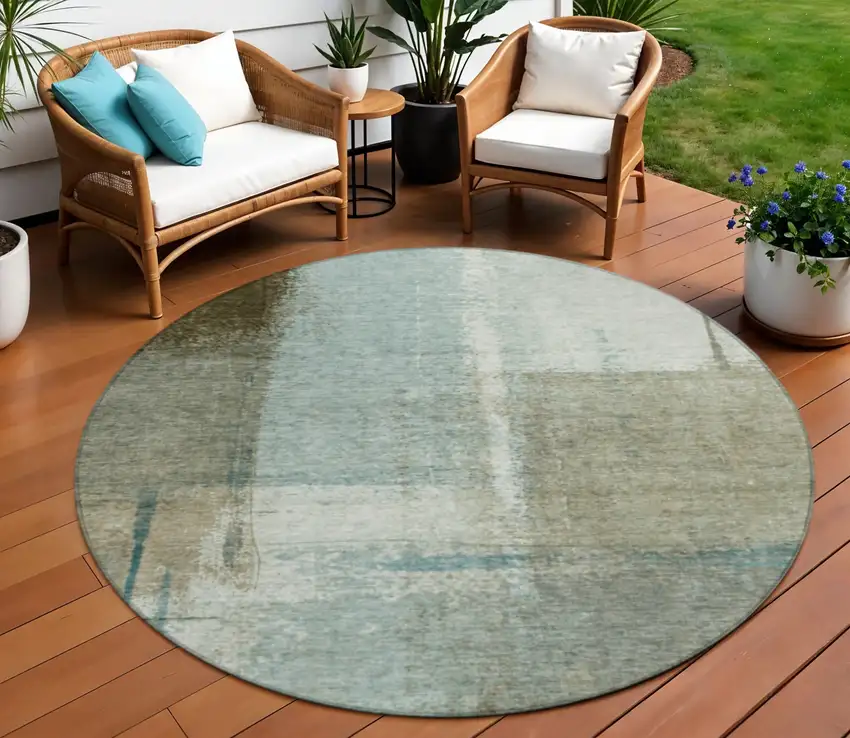8' Pale Aqua And Beige Round Abstract Washable Indoor Outdoor Area Rug Photo 2