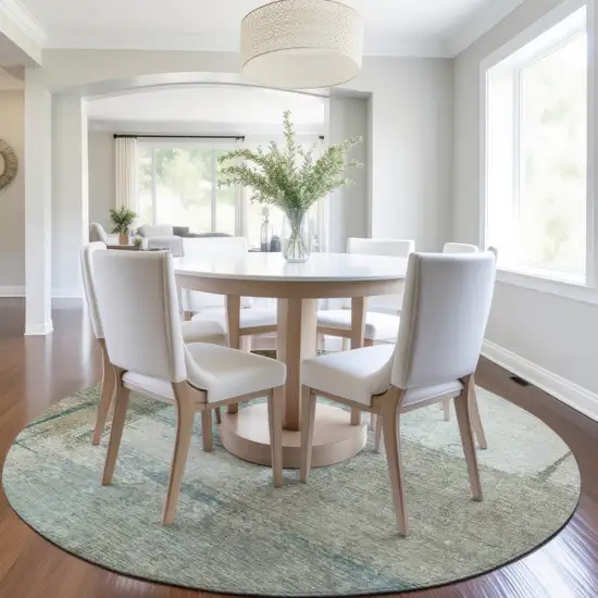 8' Pale Aqua And Beige Round Abstract Washable Indoor Outdoor Area Rug Photo 6