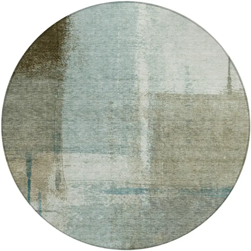 8' Pale Aqua And Beige Round Abstract Washable Indoor Outdoor Area Rug Photo 1