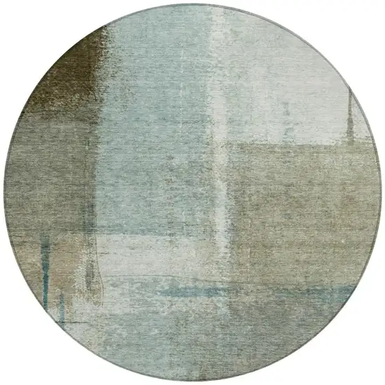 8' Pale Aqua And Beige Round Abstract Washable Indoor Outdoor Area Rug Photo 3