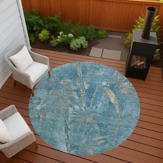 8' Pale Aqua And Beige Round Botanical Leaves Washable Indoor Outdoor Area Rug Photo 7