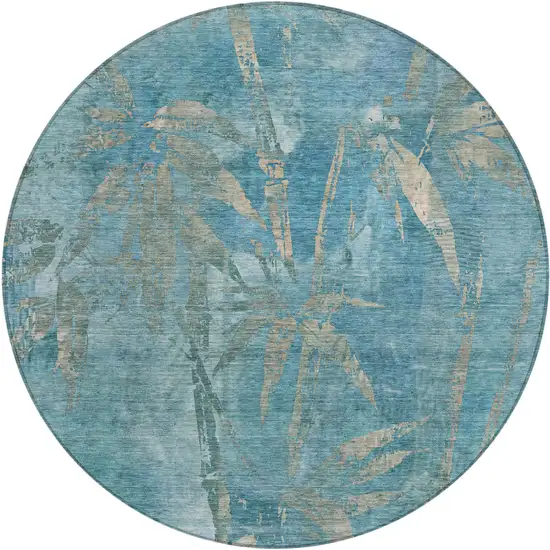 8' Pale Aqua And Beige Round Botanical Leaves Washable Indoor Outdoor Area Rug Photo 2