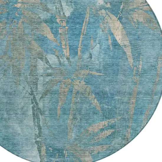 8' Pale Aqua And Beige Round Botanical Leaves Washable Indoor Outdoor Area Rug Photo 6