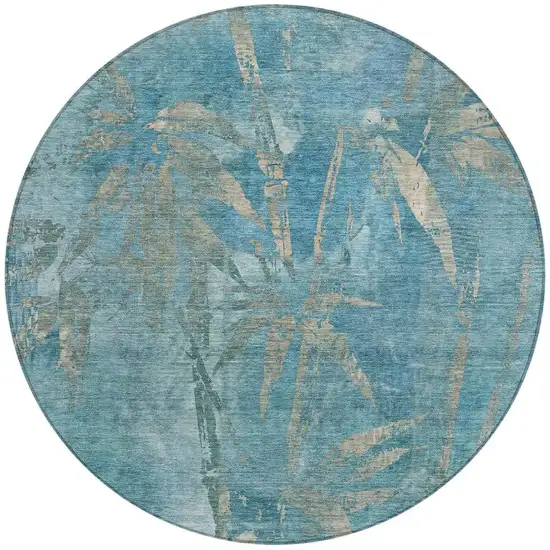8' Pale Aqua And Beige Round Botanical Leaves Washable Indoor Outdoor Area Rug Photo 4