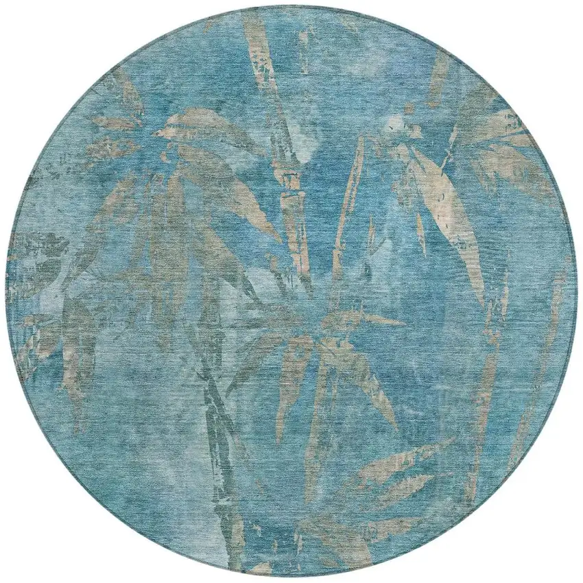 8' Pale Aqua And Beige Round Botanical Leaves Washable Indoor Outdoor Area Rug Photo 4