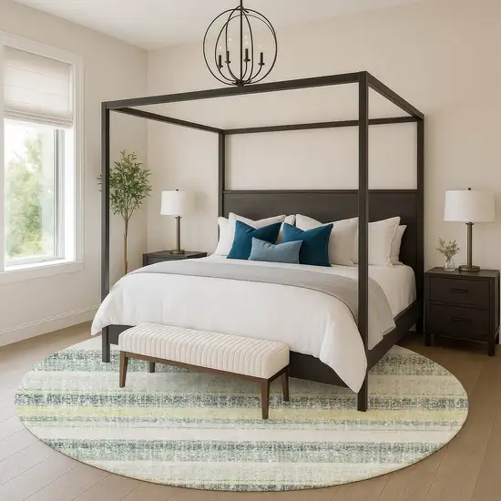 8' Pale Aqua And Beige Striped Washable Round Rug With UV Protection Photo 5