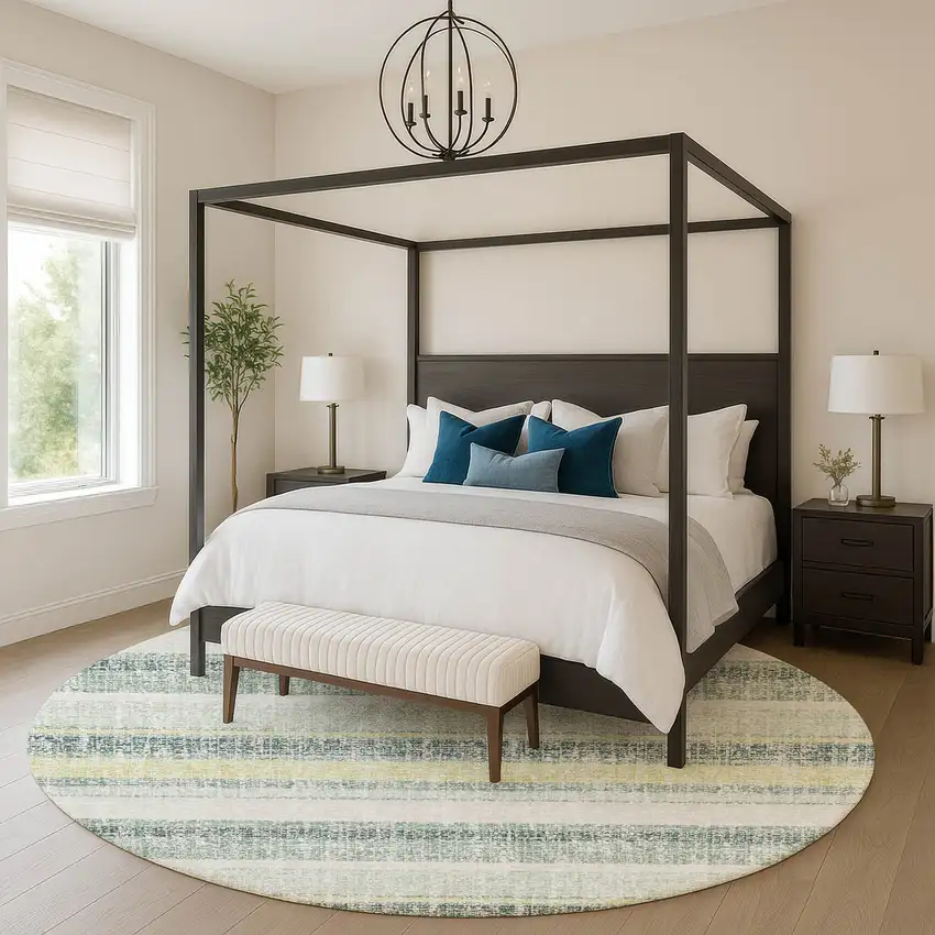 8' Pale Aqua And Beige Striped Washable Round Rug With UV Protection Photo 5