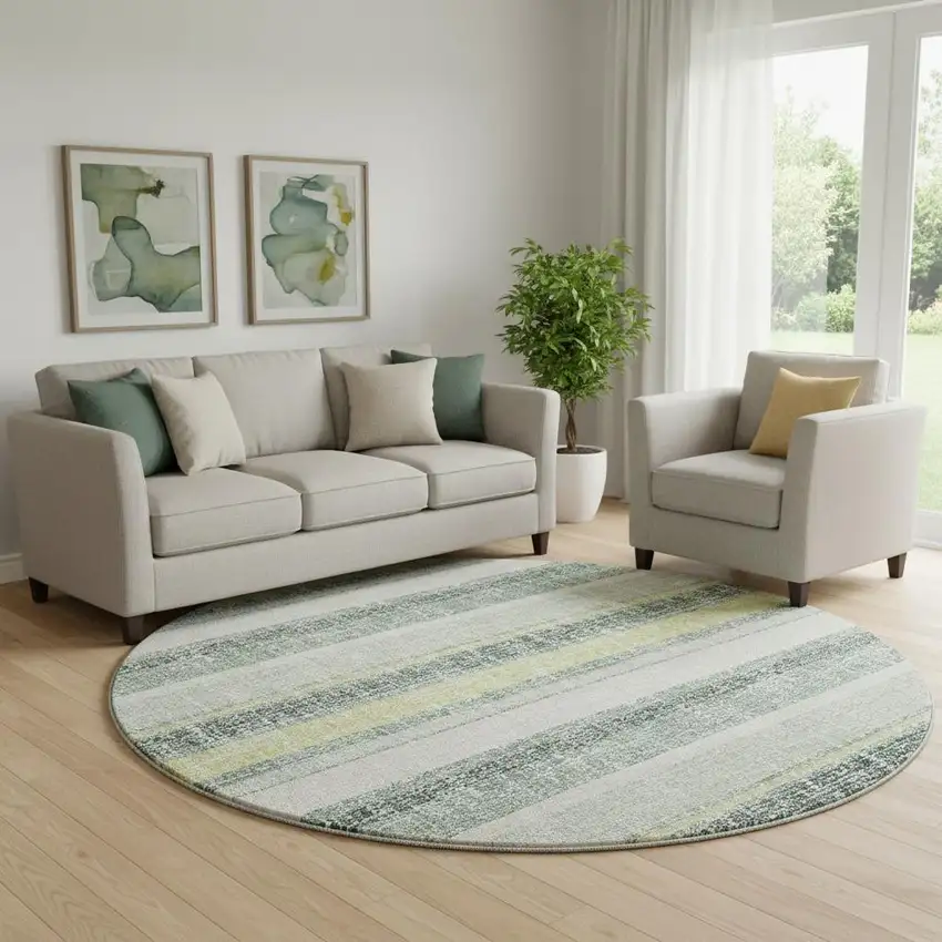 8' Pale Aqua And Beige Striped Washable Round Rug With UV Protection Photo 2