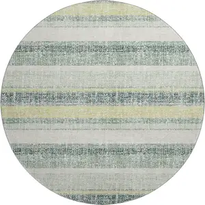 Photo of 8' Pale Aqua And Beige Striped Washable Round Rug With UV Protection
