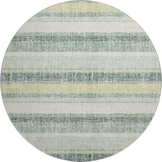 8' Pale Aqua And Beige Striped Washable Round Rug With UV Protection Photo 1