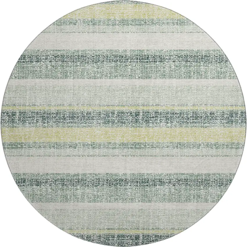 8' Pale Aqua And Beige Striped Washable Round Rug With UV Protection Photo 1