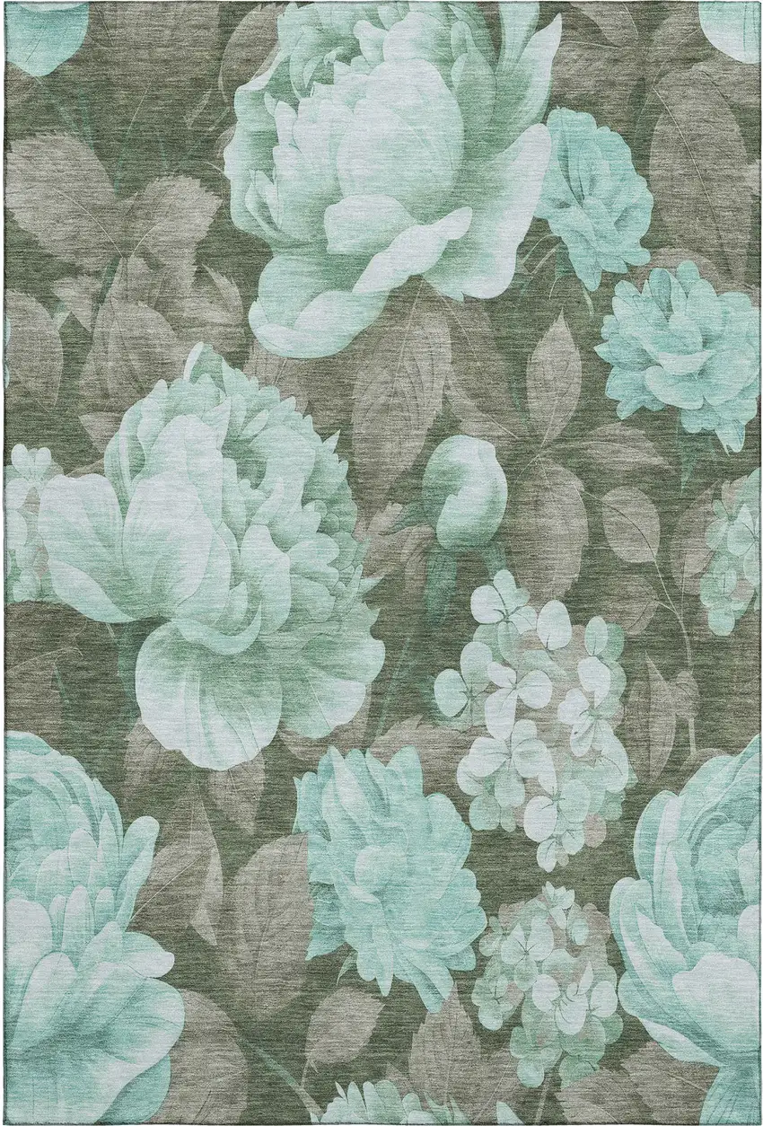 8' Pale Aqua And Brown Floral Washable Area Rug With UV Protection Photo 1