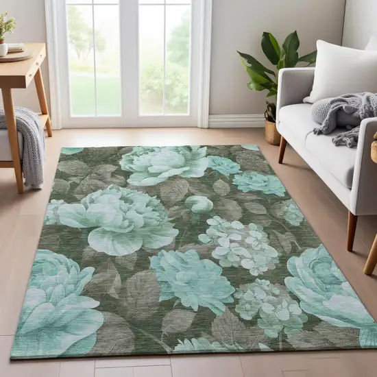 8' Pale Aqua And Brown Floral Washable Area Rug With UV Protection Photo 5