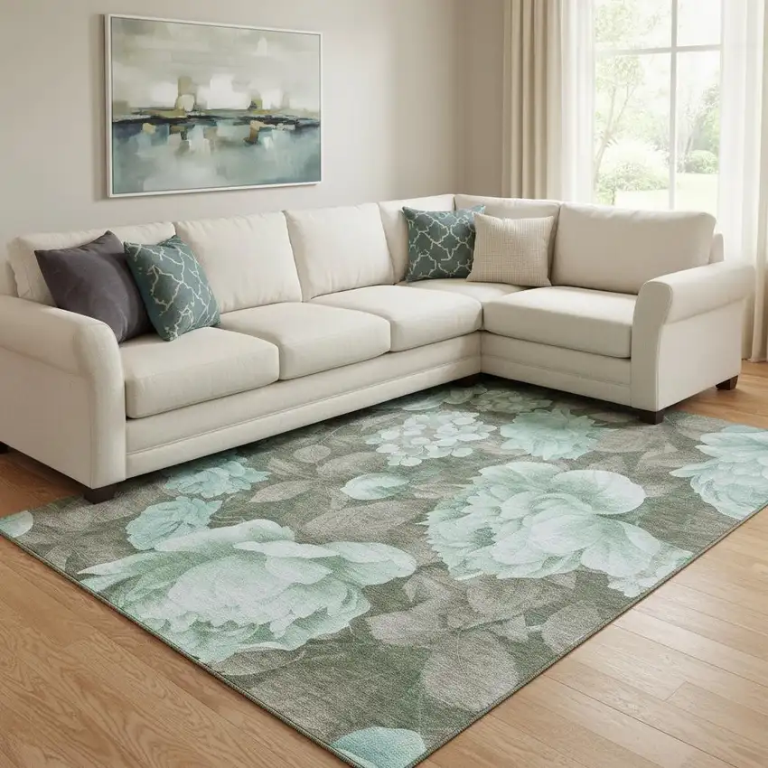 8' Pale Aqua And Brown Floral Washable Area Rug With UV Protection Photo 2