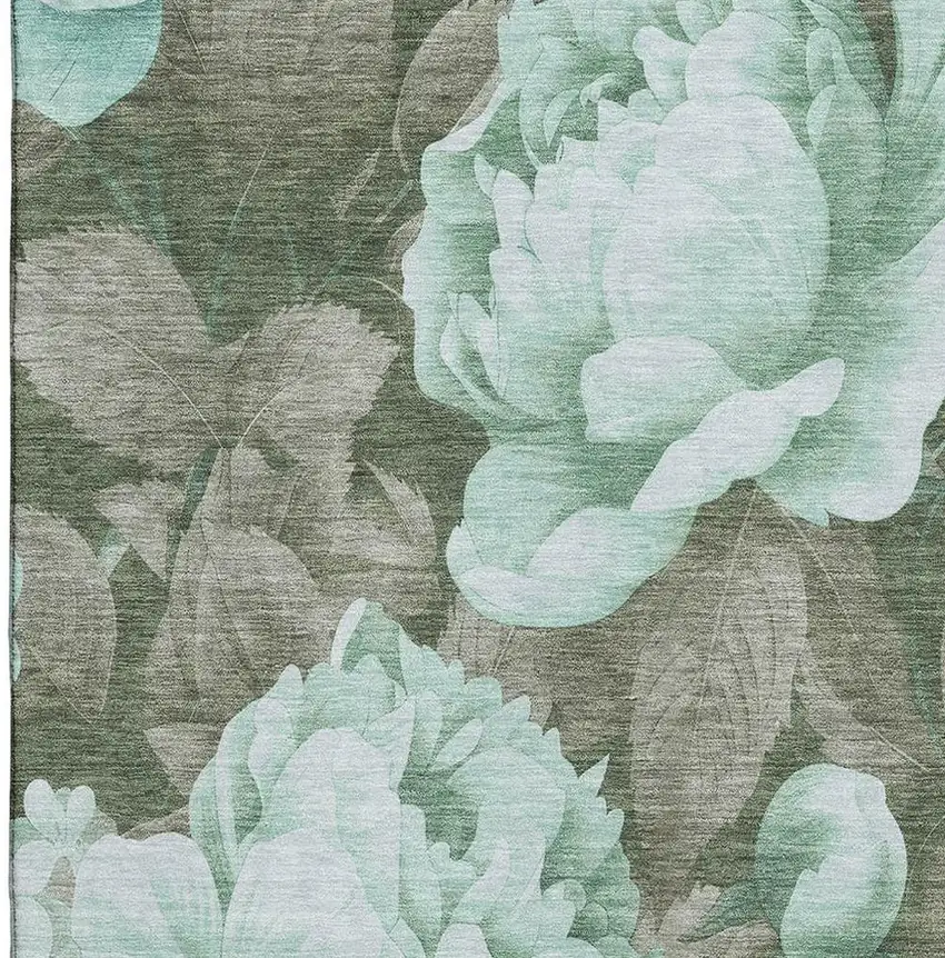 8' Pale Aqua And Brown Floral Washable Area Rug With UV Protection Photo 3