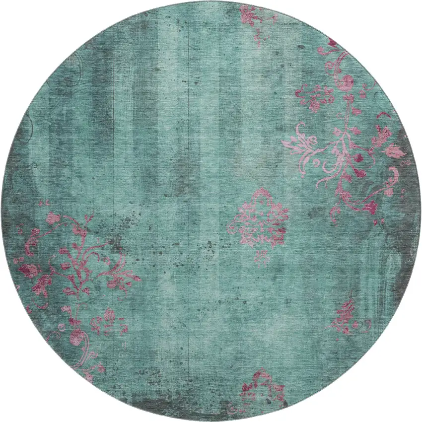 8' Pale Aqua And Burgundy Floral Washable Round Rug With UV Protection Photo 1