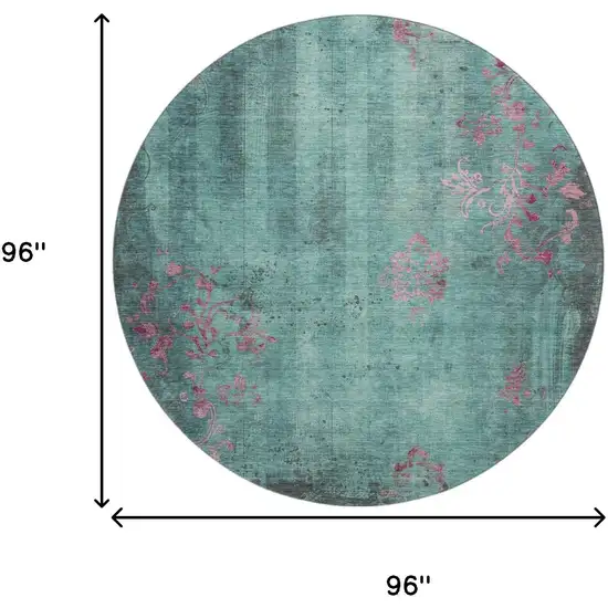 8' Pale Aqua And Burgundy Floral Washable Round Rug With UV Protection Photo 8