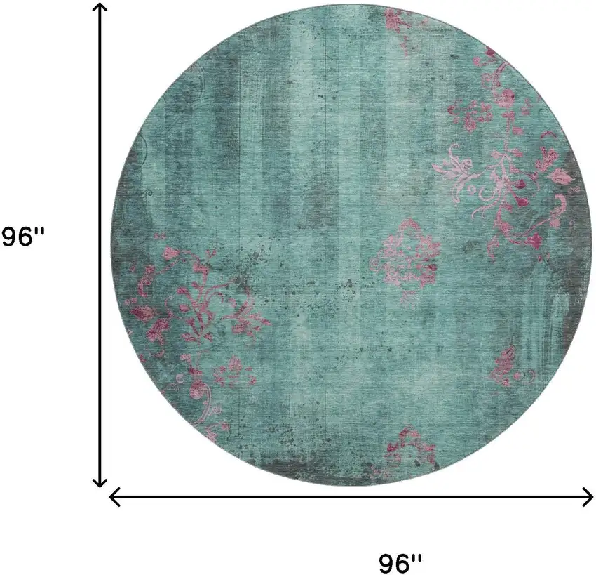 8' Pale Aqua And Burgundy Floral Washable Round Rug With UV Protection Photo 8