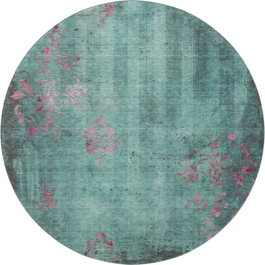 8' Pale Aqua And Burgundy Floral Washable Round Rug With UV Protection Photo 2