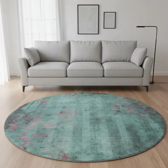 8' Pale Aqua And Burgundy Floral Washable Round Rug With UV Protection Photo 2