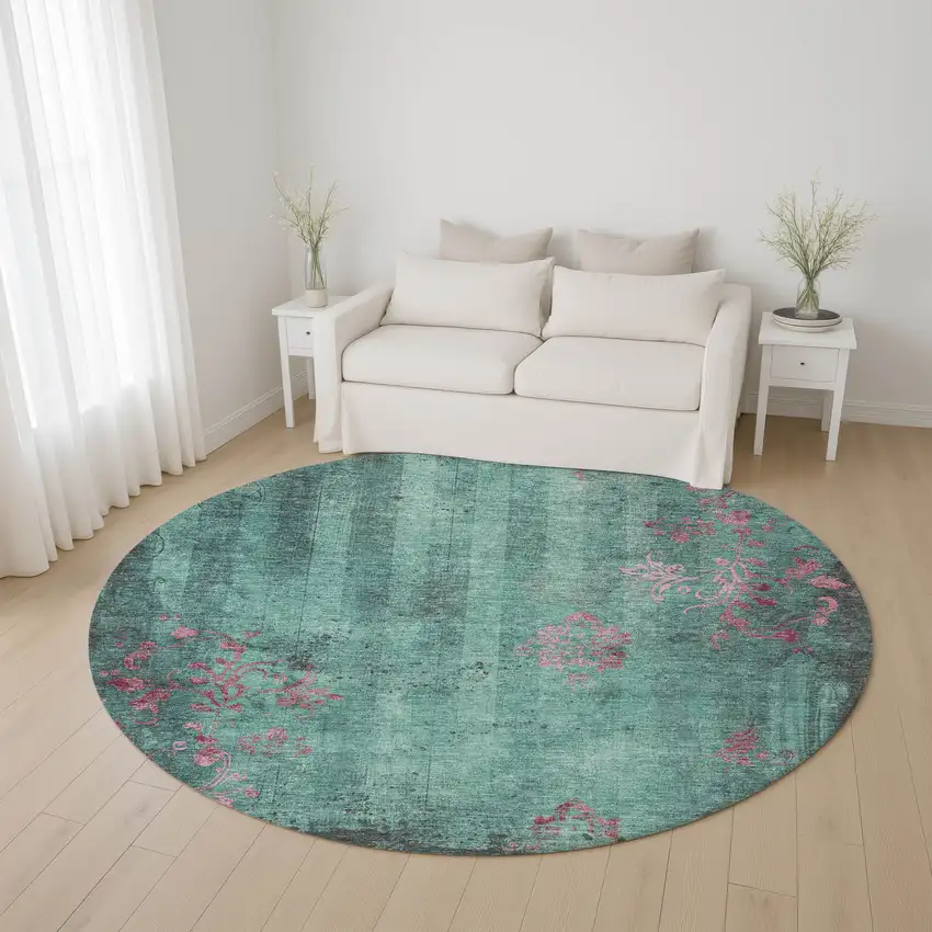 8' Pale Aqua And Burgundy Floral Washable Round Rug With UV Protection Photo 3