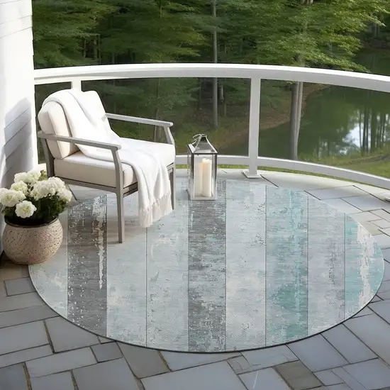 8' Pale Aqua And Charcoal Round Striped Washable Indoor Outdoor Area Rug Photo 5