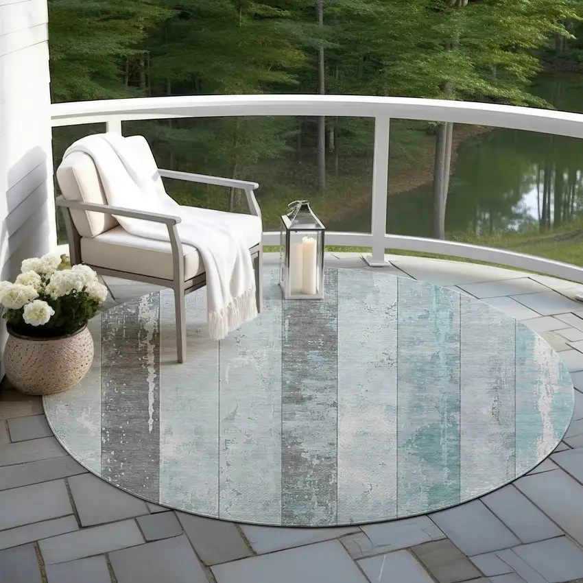 8' Pale Aqua And Charcoal Round Striped Washable Indoor Outdoor Area Rug Photo 5