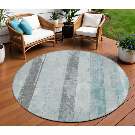 8' Pale Aqua And Charcoal Round Striped Washable Indoor Outdoor Area Rug Photo 2