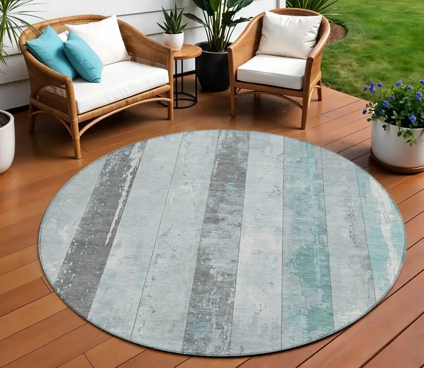 8' Pale Aqua And Charcoal Round Striped Washable Indoor Outdoor Area Rug Photo 2